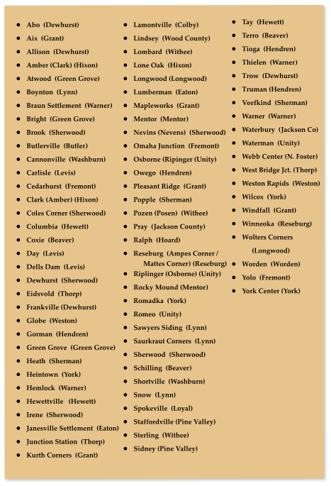 •	Abo  (Dewhurst) •	Aix  (Grant) •	Allison  (Dewhurst) •	Amber (Clark) (Hixon) •	Atwood  (Green Grove) •	Boynton  (Lynn) •	Braun Settlement  (Warner) •	Bright  (Green Grove) •	Brook  (Sherwood) •	Butlerville  (Butler) •	Cannonville  (Washburn) •	Carlisle  (Levis) •	Cedarhurst  (Fremont) •	Clark (Amber) (Hixon) •	Coles Corner (Sherwood) •	Columbia  (Hewett) •	Coxie  (Beaver) •	Day  (Levis) •	Dells Dam  (Levis) •	Dewhurst  (Sherwood) •	Eidsvold  (Thorp) •	Frankville (Dewhurst) •	Globe  (Weston) •	Gorman  (Hendren) •	Green Grove  (Green Grove) •	Heath  (Sherman) •	Heintown  (York) •	Hemlock  (Warner) •	Hewettville   (Hewett) •	Irene  (Sherwood) •	Janesville Settlement  (Eaton) •	Junction Station  (Thorp) •	Kurth Corners  (Grant) •	Lamontville  (Colby) •	Lindsey  (Wood County) •	Lombard  (Withee) •	Lone Oak  (Hixon) •	Longwood (Longwood) •	Lumberman  (Eaton) •	Mapleworks  (Grant) •	Mentor  (Mentor) •	Nevins (Nevens)  (Sherwood) •	Omaha Junction  (Fremont) •	Osborne (Ripinger (Unity) •	Owego  (Hendren) •	Pleasant Ridge  (Grant) •	Popple  (Sherman) •	Pozen (Posen)  (Withee) •	Pray  (Jackson County) •	Ralph  (Hoard) •	Reseburg  (Ampes Corner / Mattes Corner) (Reseburg) •	Riplinger (Osborne) (Unity) •	Rocky Mound (Mentor) •	Romadka  (York) •	Romeo  (Unity) •	Sawyers Siding  (Lynn) •	Saurkraut Corners  (Lynn) •	Sherwood  (Sherwood) •	Schilling  (Beaver)   •	Shortville  (Washburn) •	Snow  (Lynn) •	Spokeville  (Loyal) •	Staffordville (Pine Valley) •	Sterling  (Withee)   •	Sidney (Pine Valley) •	Tay  (Hewett) •	Terro  (Beaver) •	Tioga  (Hendren) •	Thielen  (Warner) •	Trow  (Dewhurst) •	Truman (Hendren) •	Veefkind  (Sherman) •	Warner  (Warner) •	Waterbury  (Jackson Co) •	Waterman  (Unity) •	Webb Center (N. Foster) •	West Bridge Jct. (Thorp) •	Weston Rapids  (Weston) •	Wilcox  (York) •	Windfall  (Grant) •	Winneoka  (Reseburg) •	Wolters Corners  (Longwood) •	Worden  (Worden) •	Yolo  (Fremont) •	York Center (York)